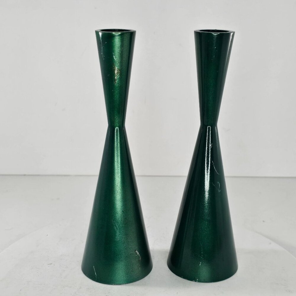 Swedish Erika Pekkari Aluminum Gota 7.5" Danish Modern Candlesticks Green